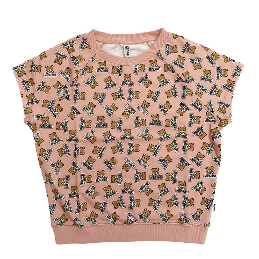 Moschino Women's All Over Bear Print Crewneck Short Sleeve Sweatshirt Pink